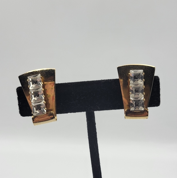 Vintage goldtone art deco clip on CZ earrings - Picture 6 of 8